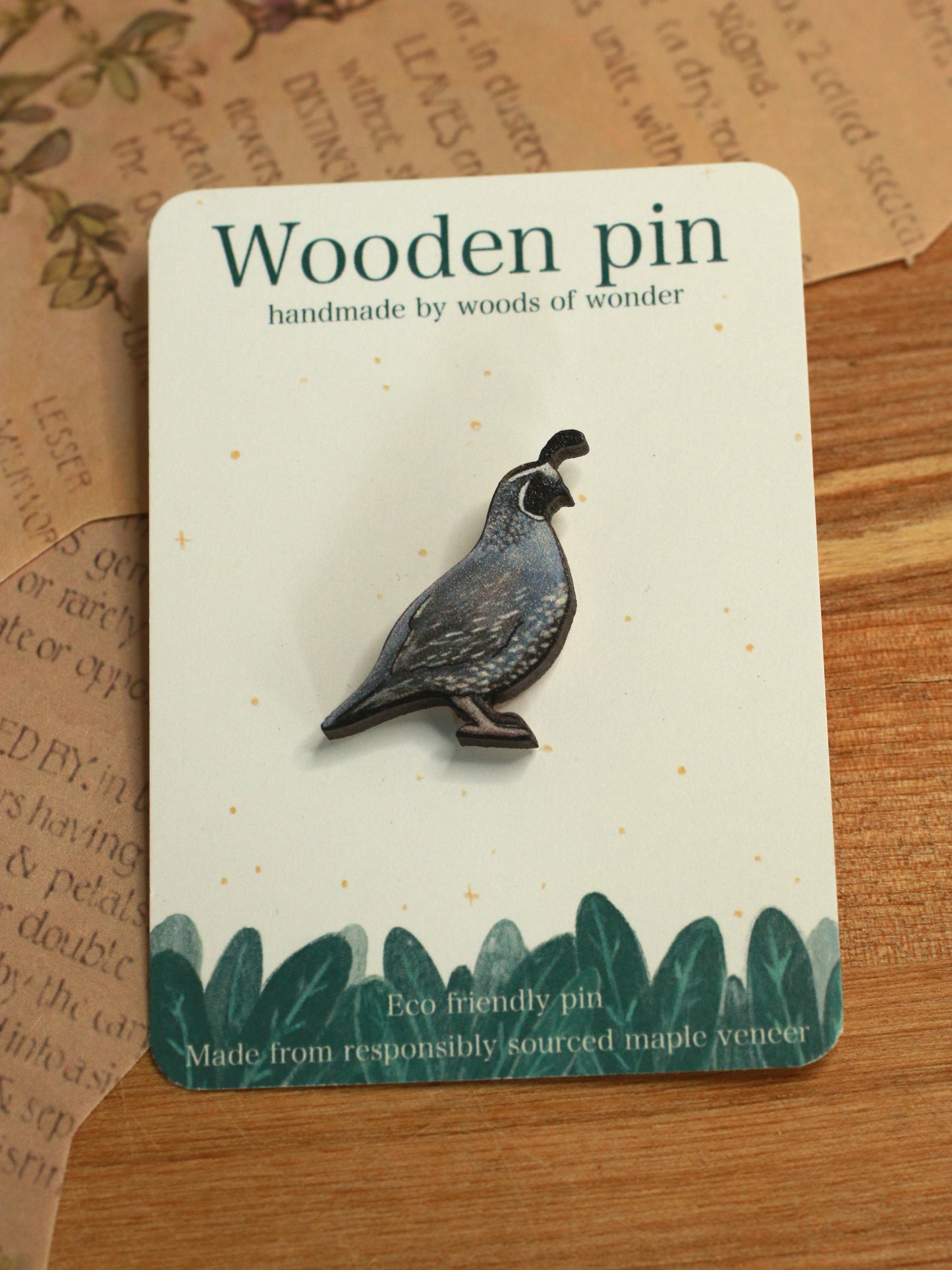 Quail pin - wooden quail brooch