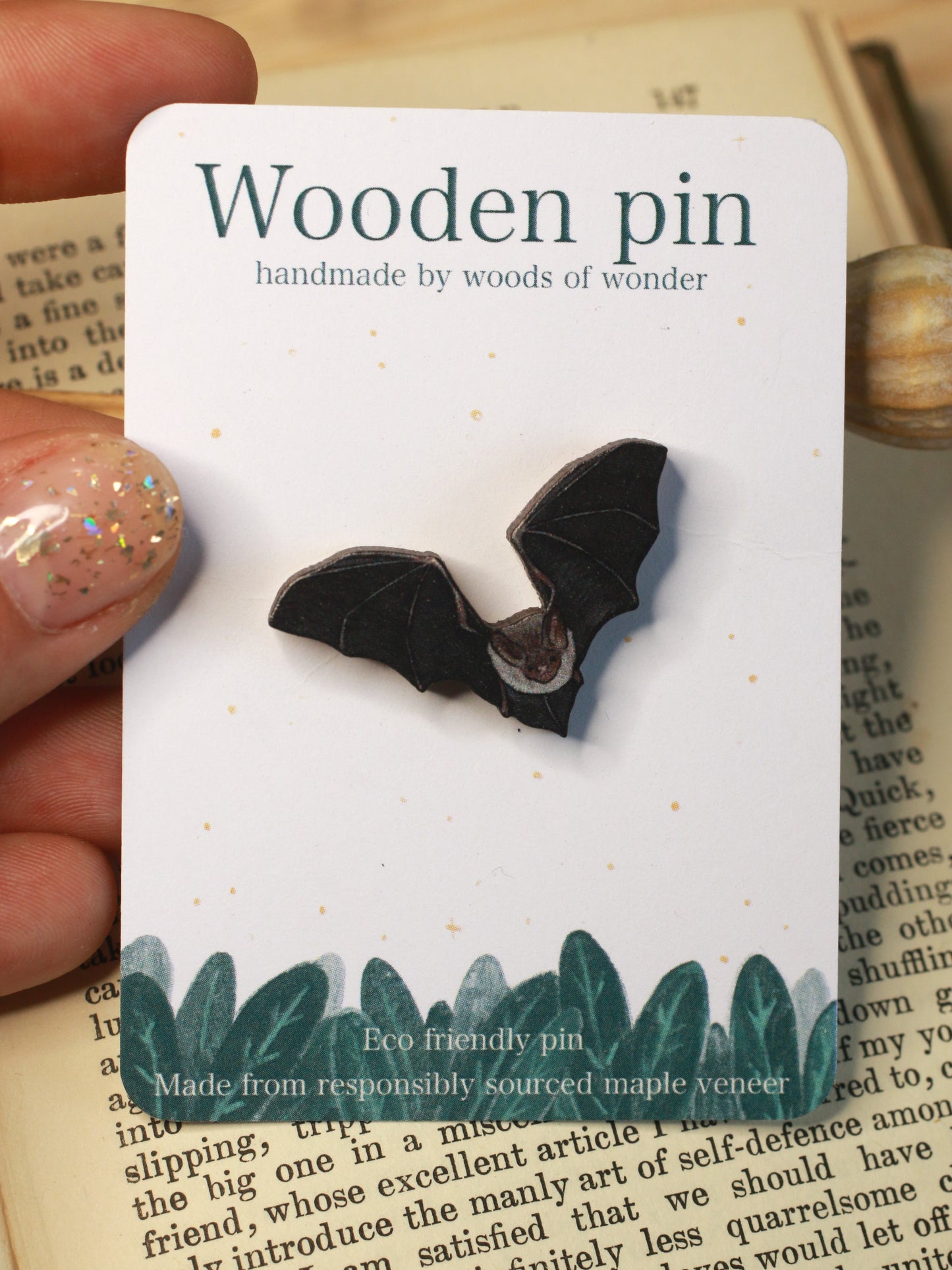 Bat pin - wooden bat brooch