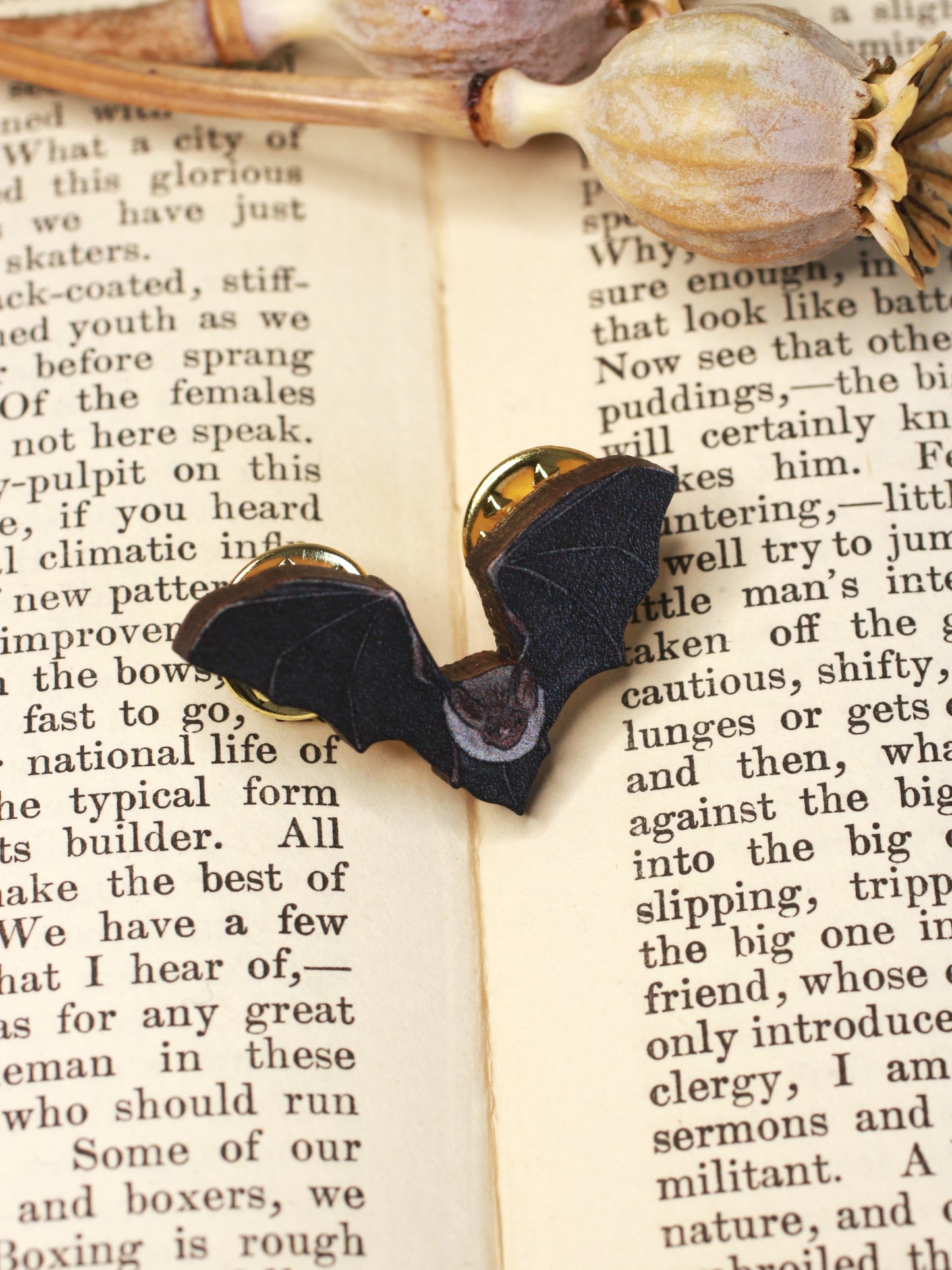 Bat pin - wooden bat brooch