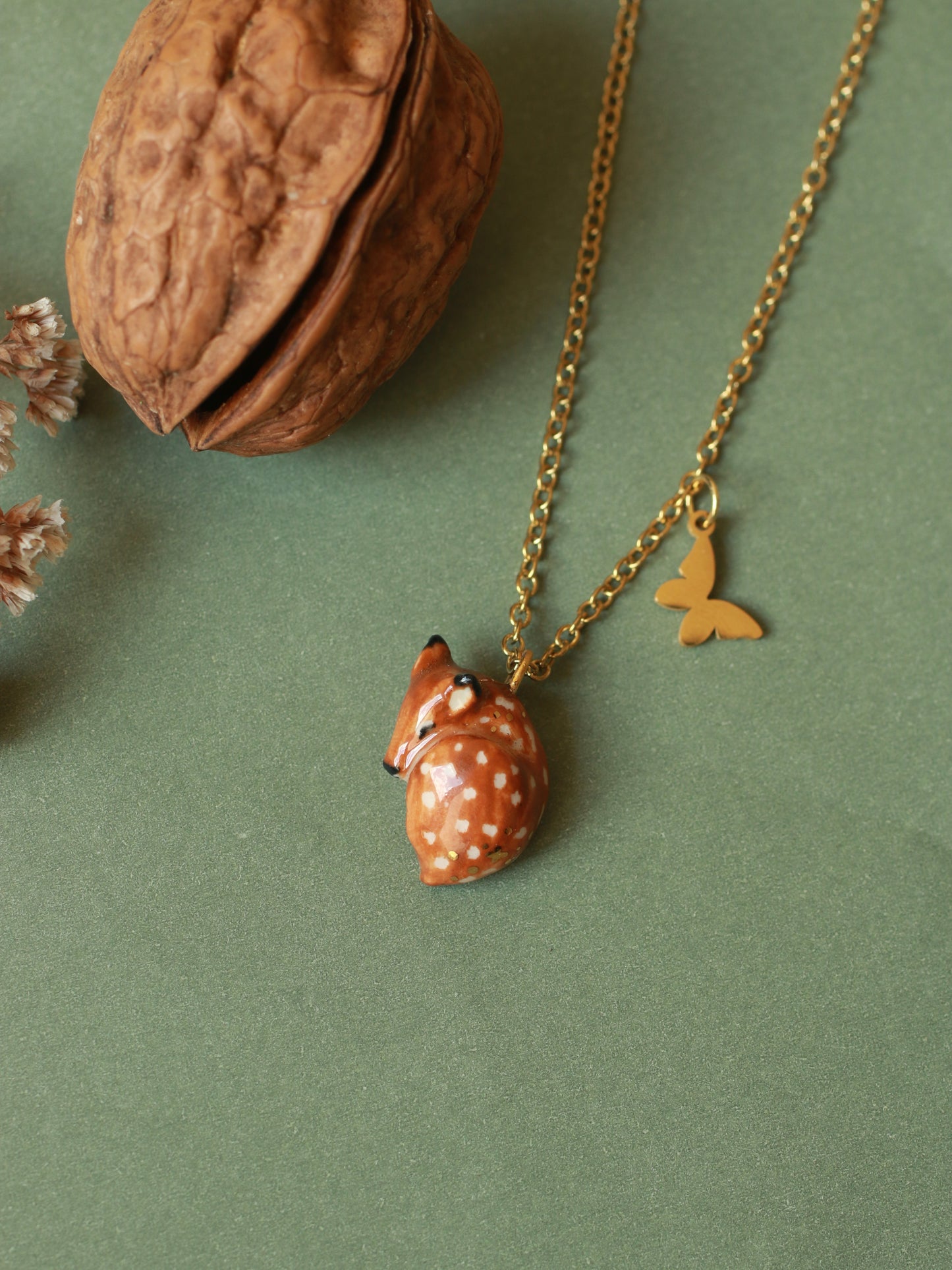 Sleeping Fawn necklace in a walnut box