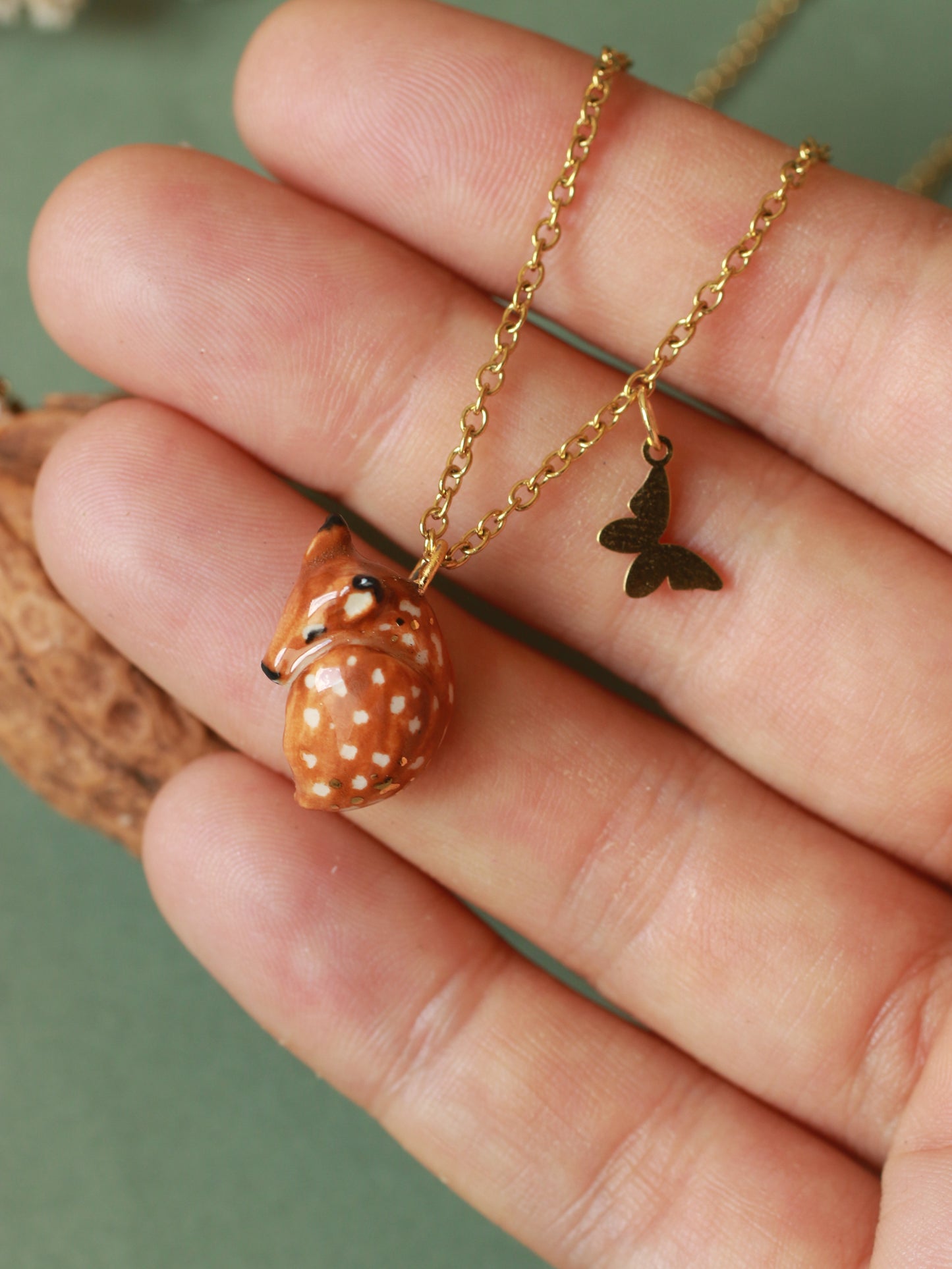 Sleeping Fawn necklace in a walnut box