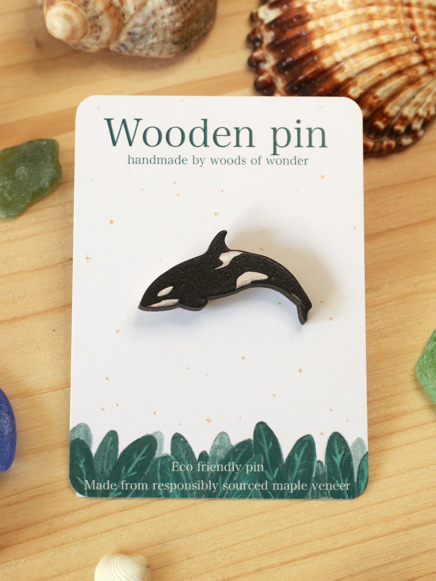 Orca pin - wooden killer whale brooch