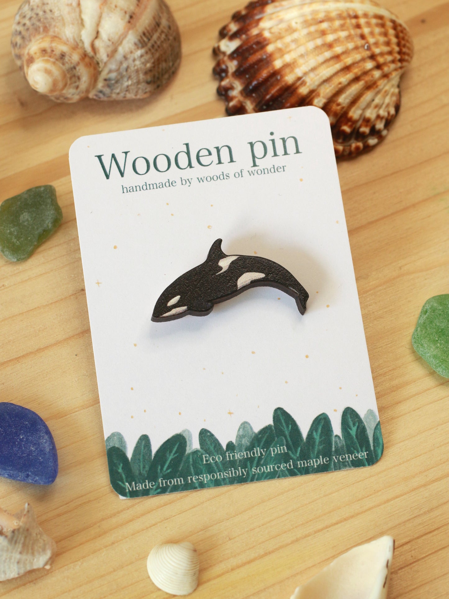 Orca pin - wooden killer whale brooch