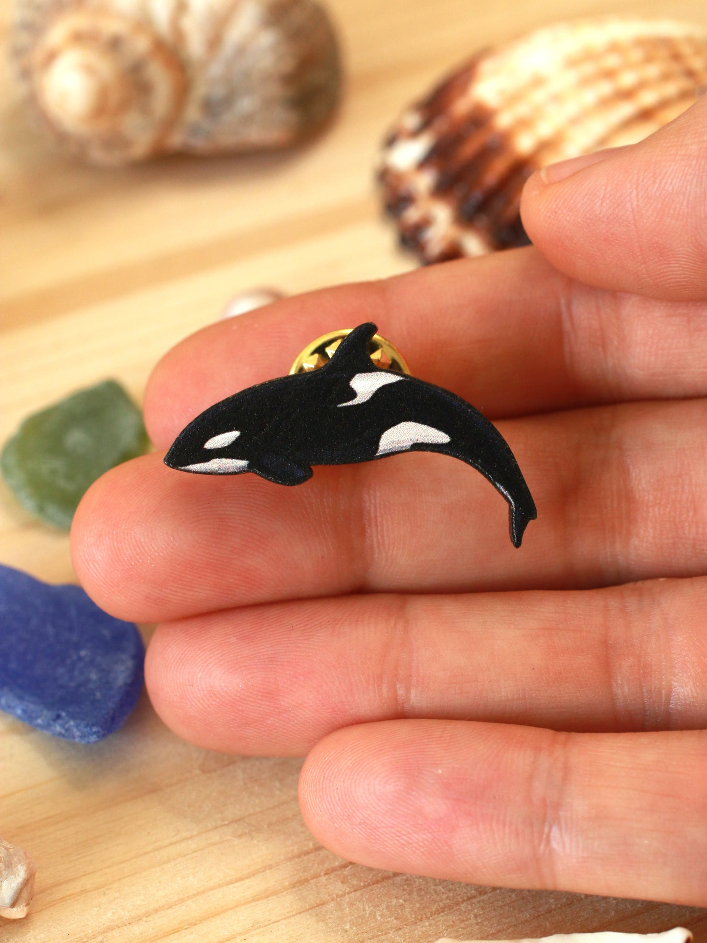 Orca pin - wooden killer whale brooch