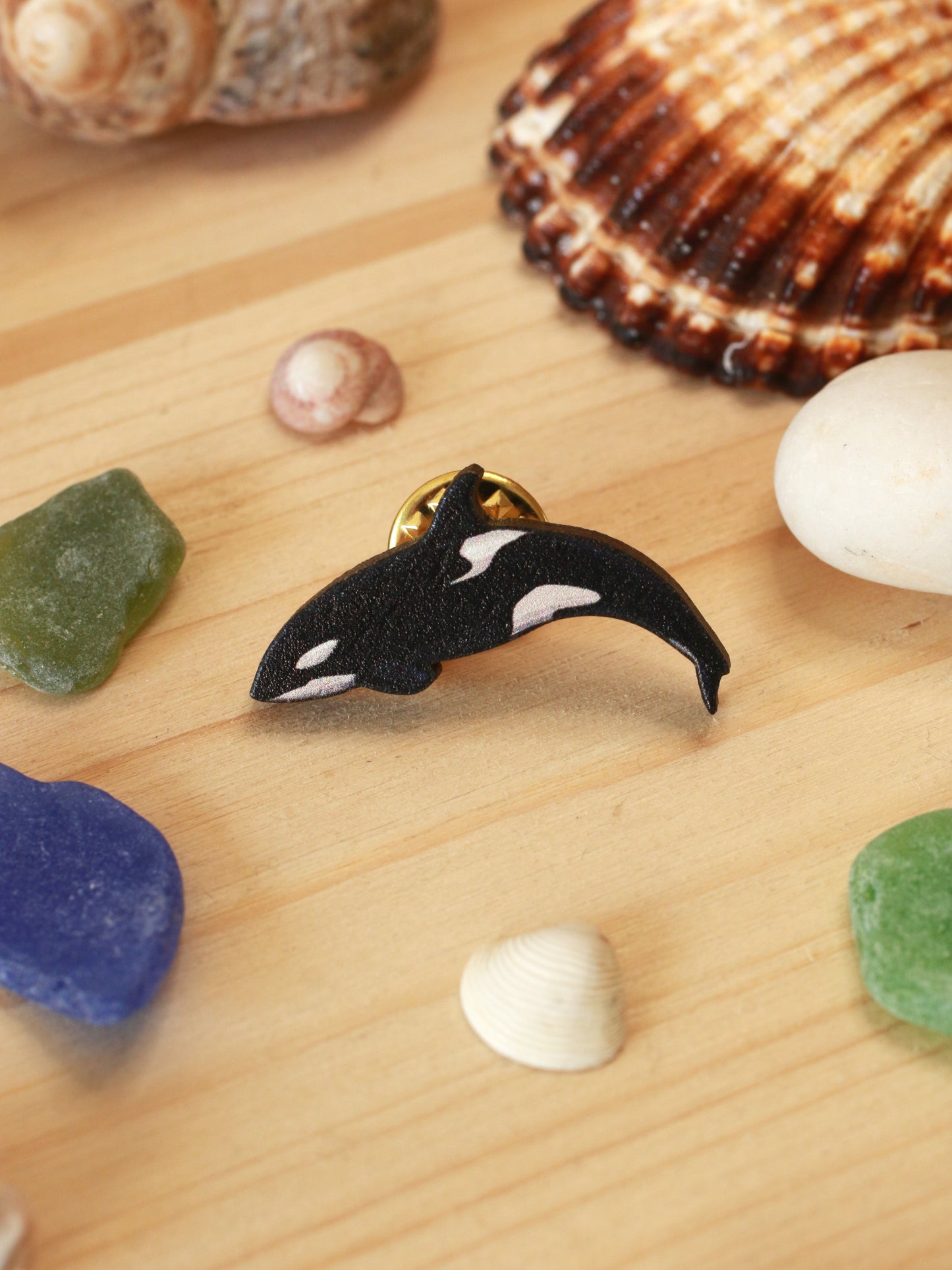 Orca pin - wooden killer whale brooch