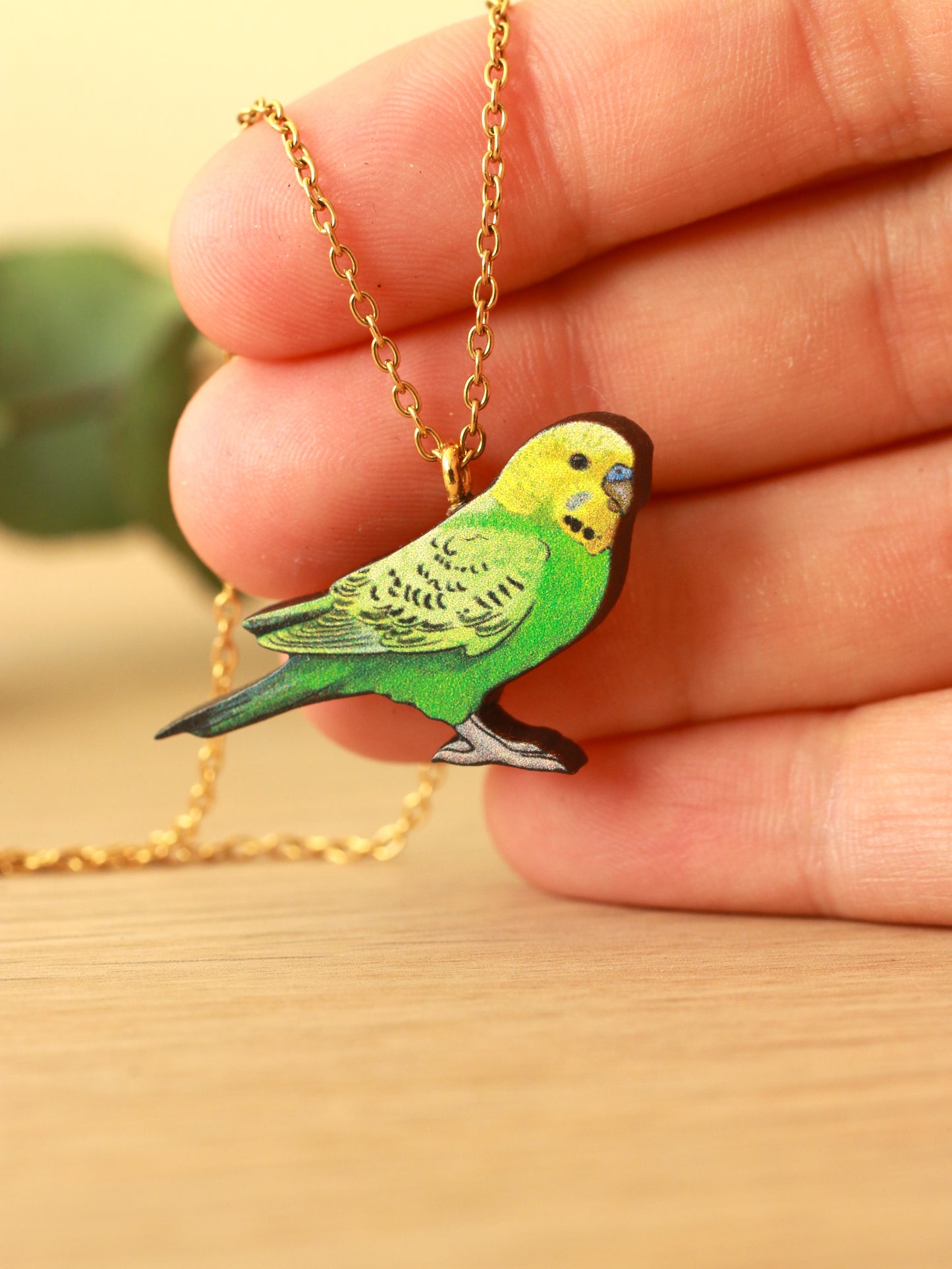 Green budgie necklace - wooden Parrot pendant