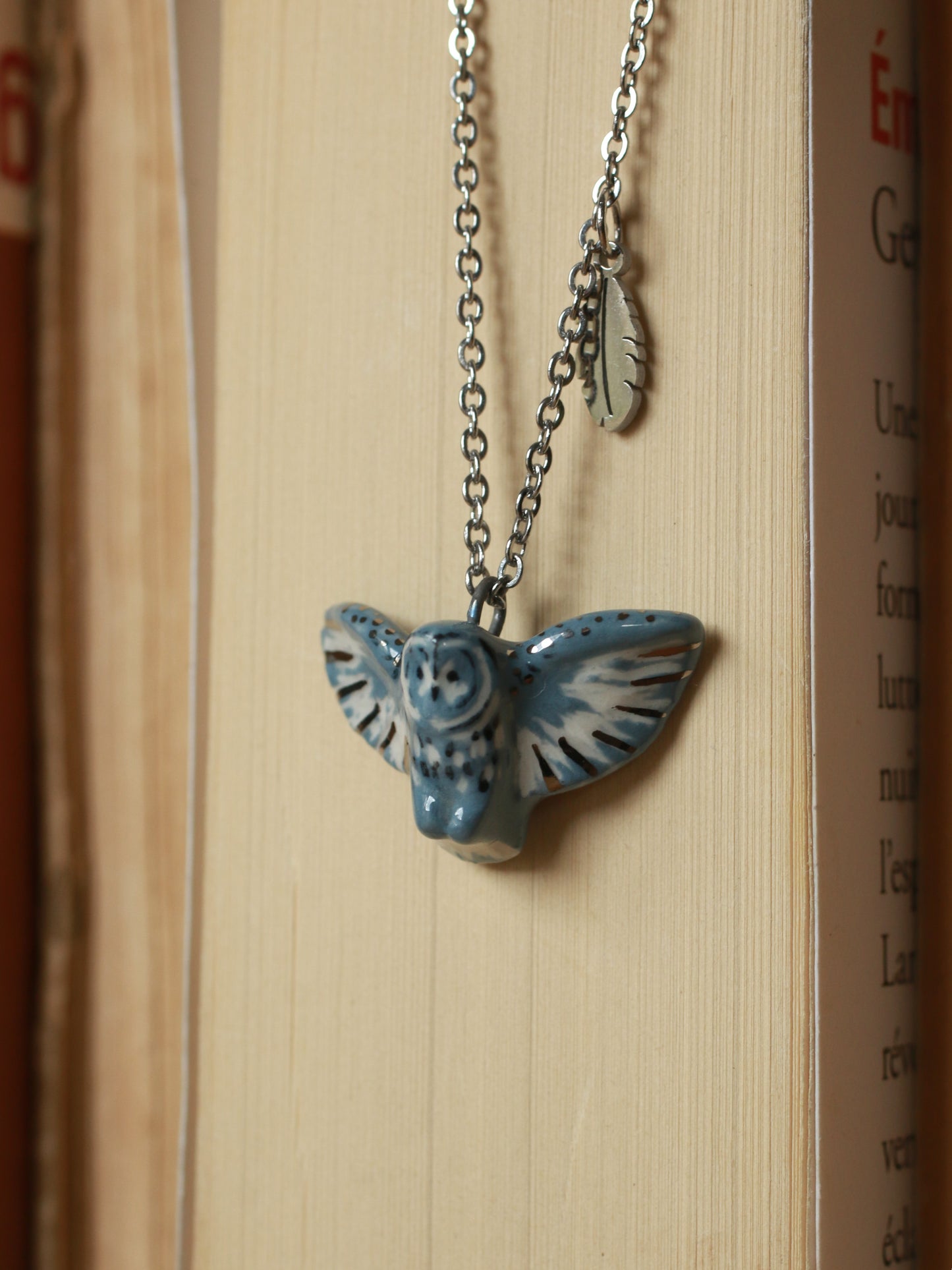 Great grey owl necklace with a feather charm