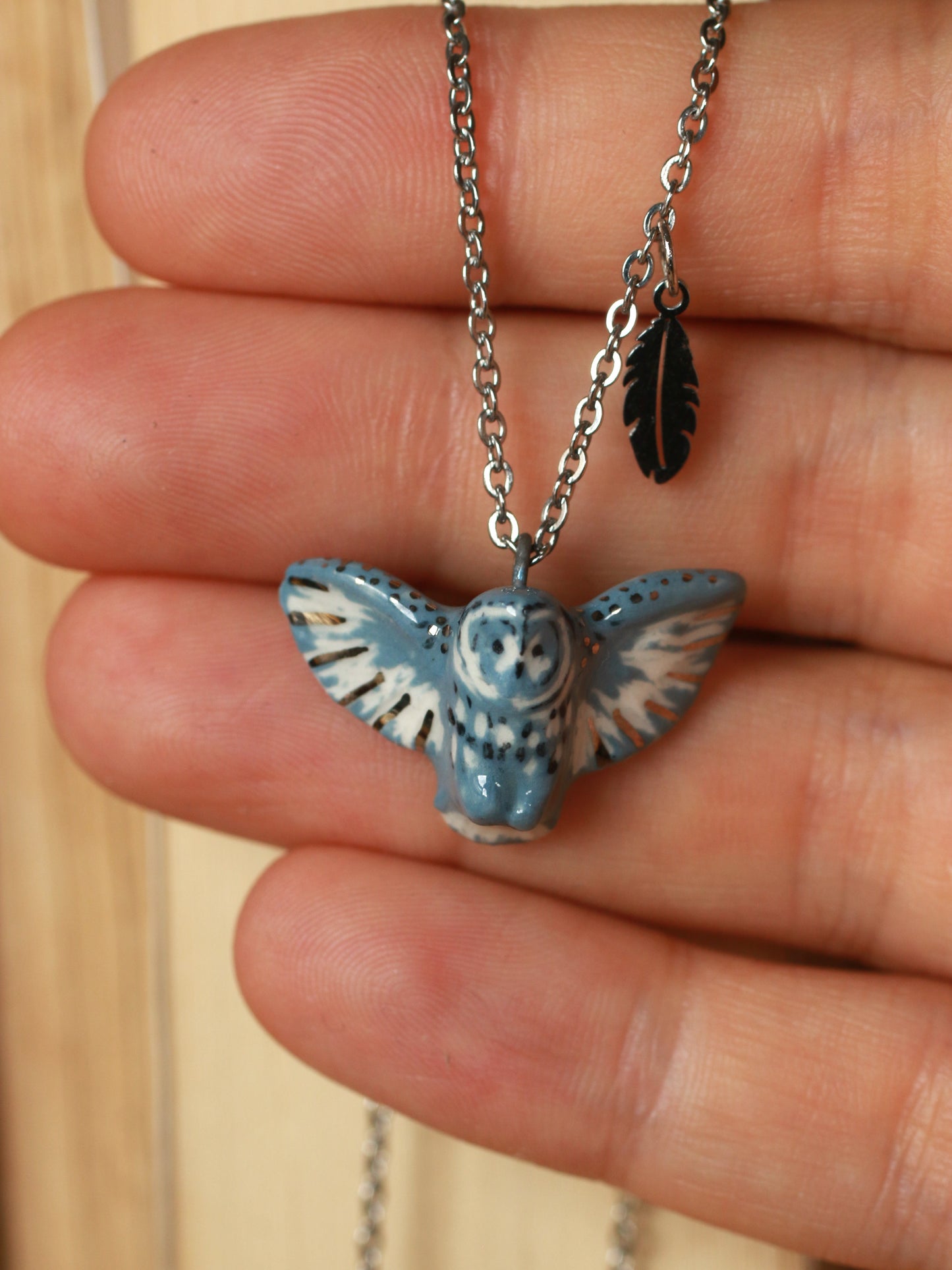 Great grey owl necklace with a feather charm