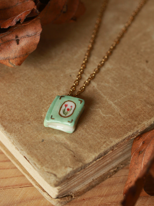 Flower book necklace - Light green book