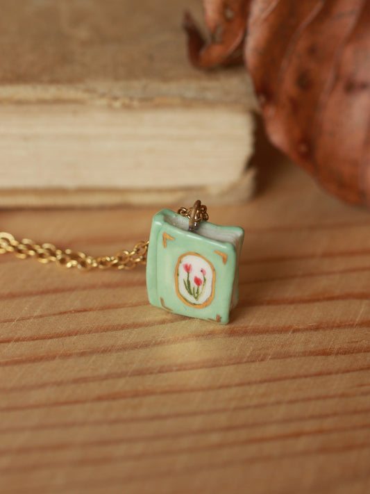 Flower book necklace - Light green book