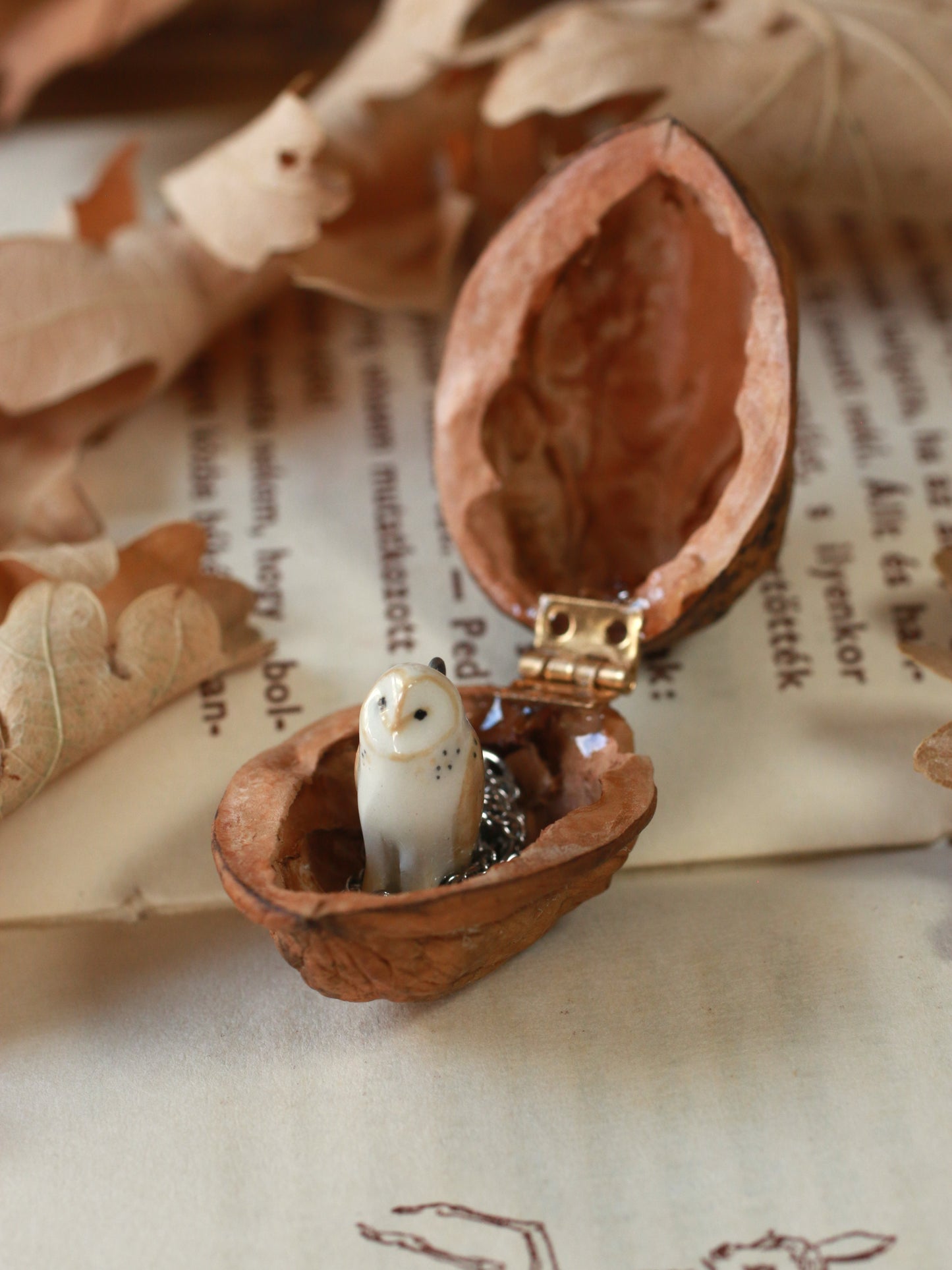 Barn owl necklace in a nutshell box