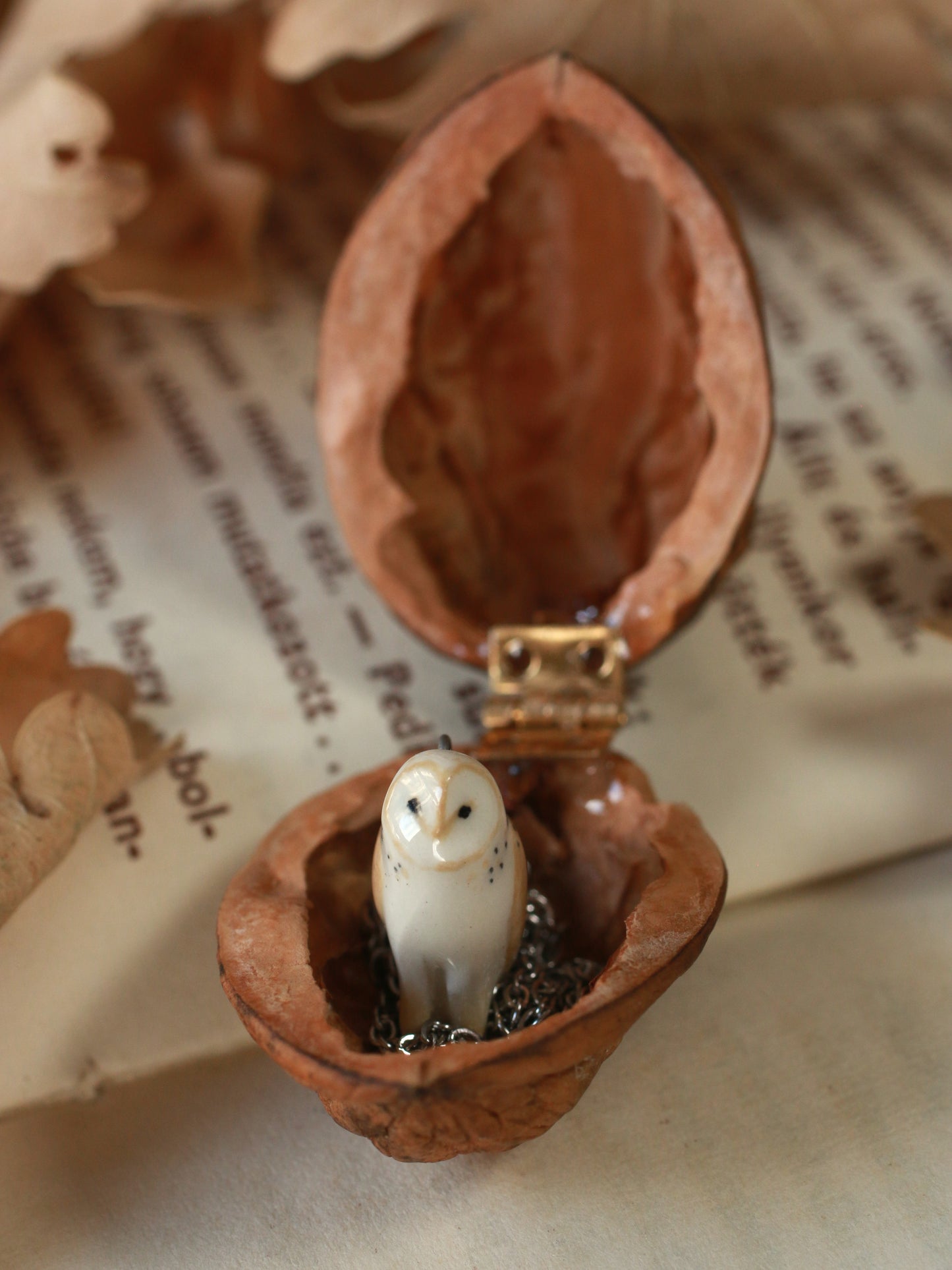 Barn owl necklace in a nutshell box