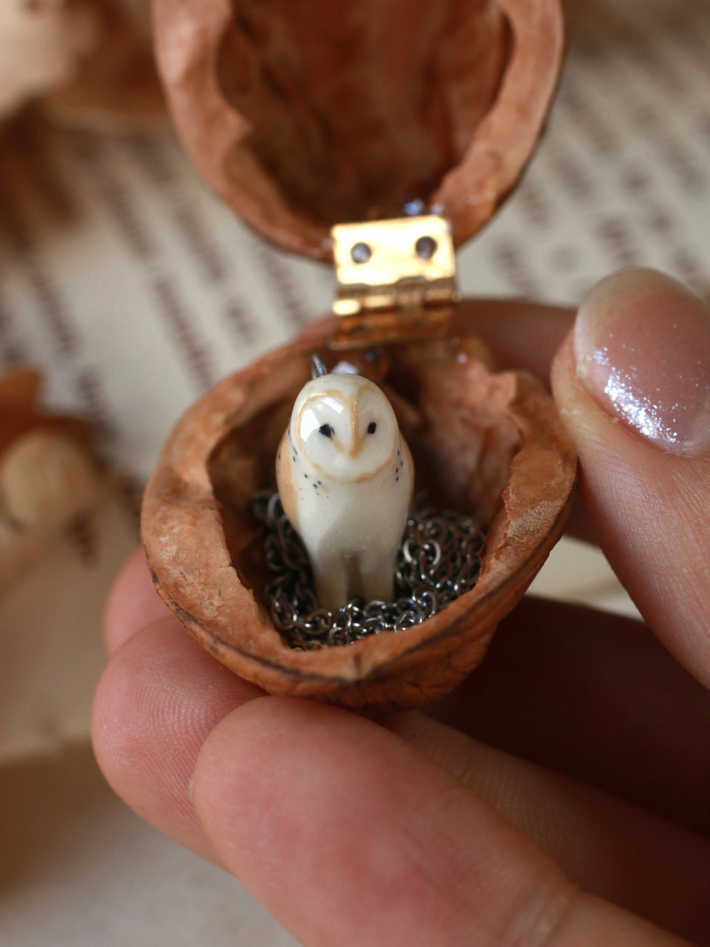 Barn owl necklace in a nutshell box