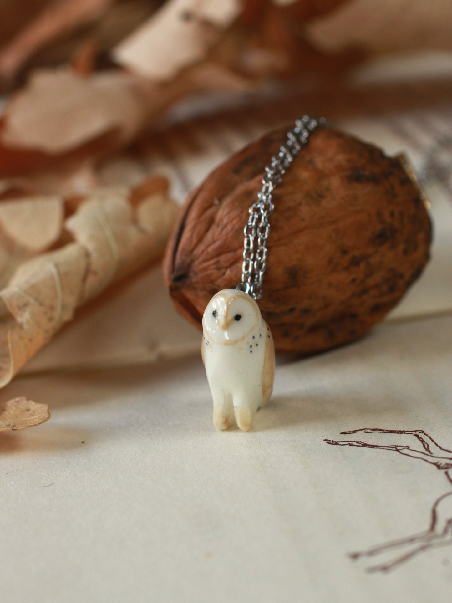 Barn owl necklace in a nutshell box