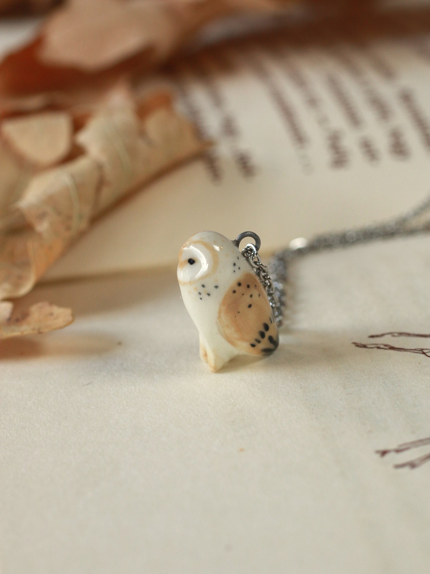 Barn owl necklace in a nutshell box