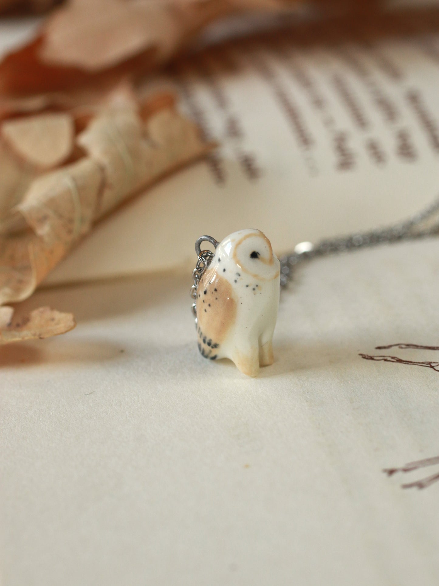 Barn owl necklace in a nutshell box