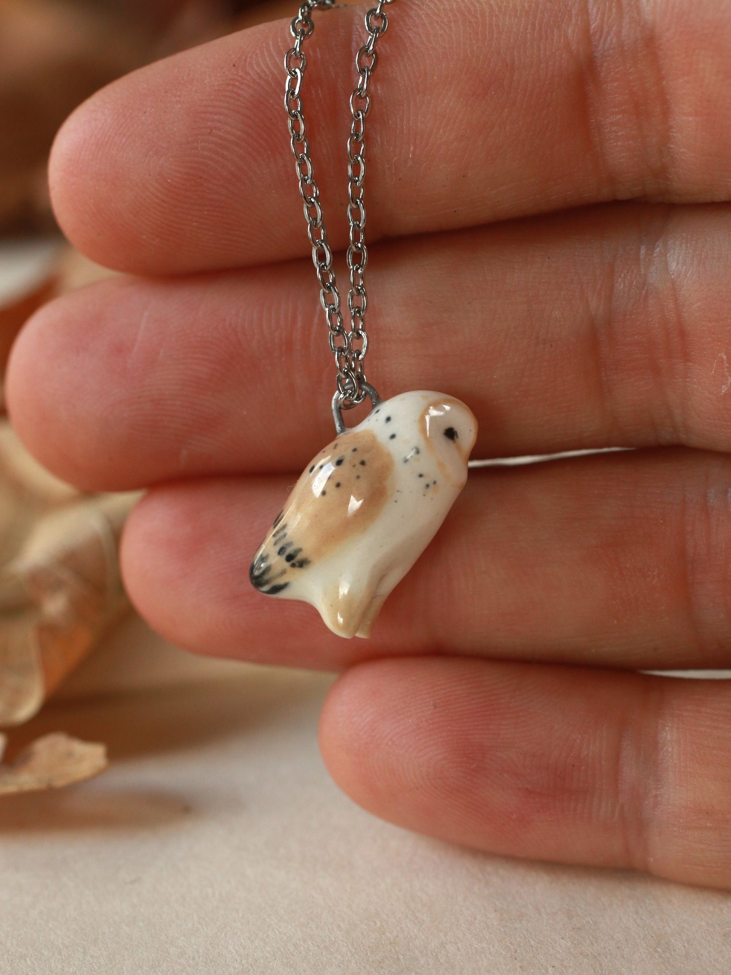 Barn owl necklace in a nutshell box