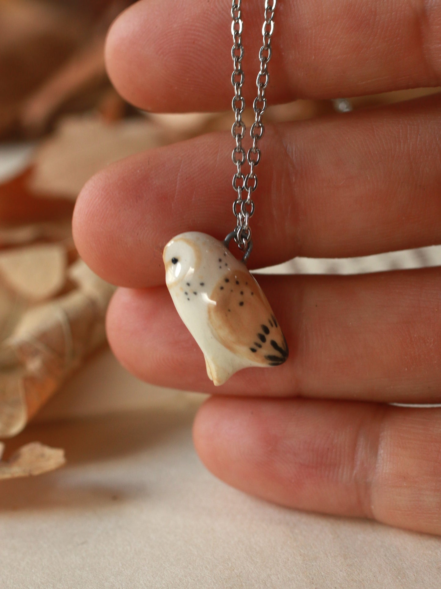 Barn owl necklace in a nutshell box