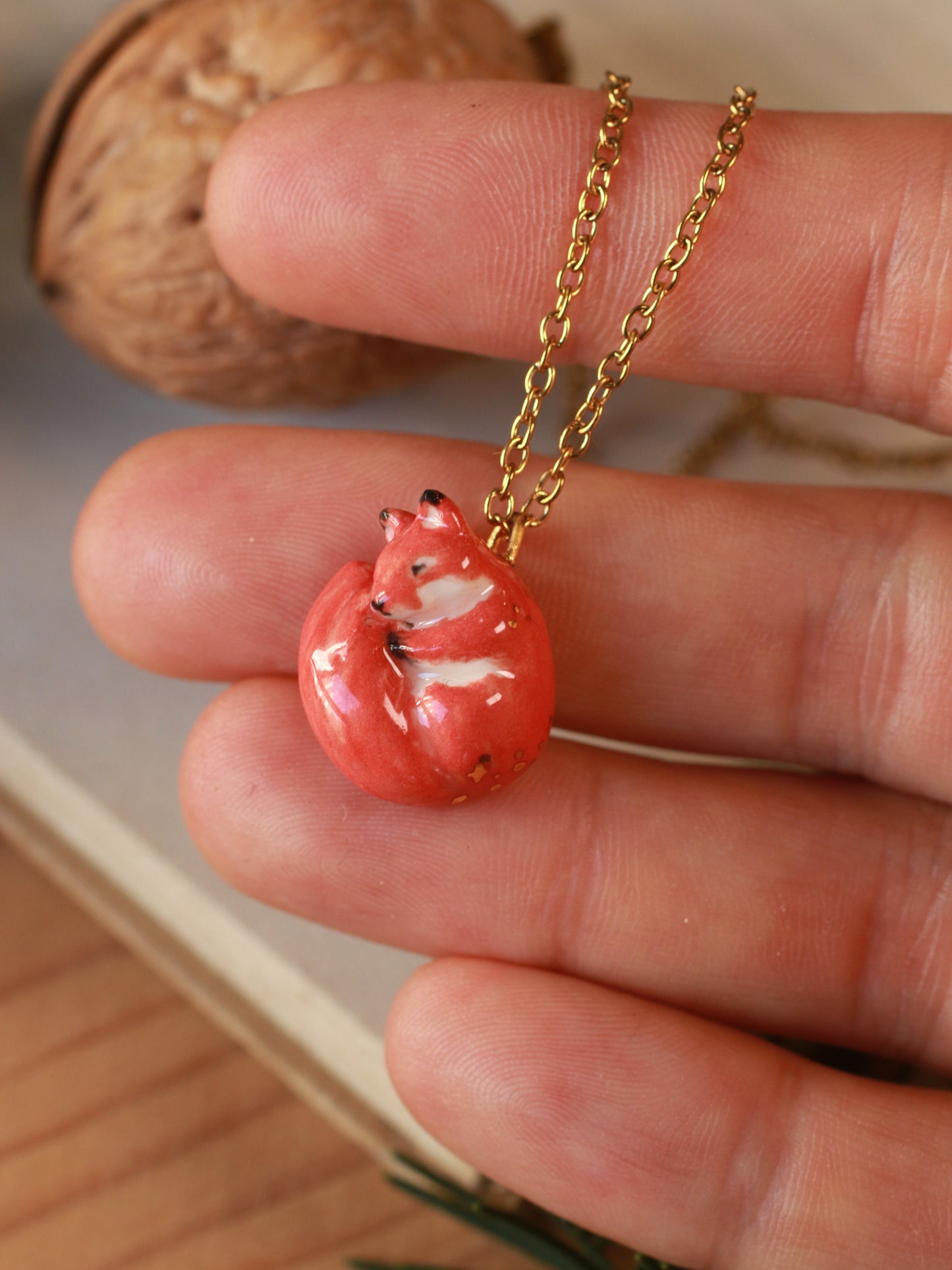 Sleeping squirrel necklace in a walnut box