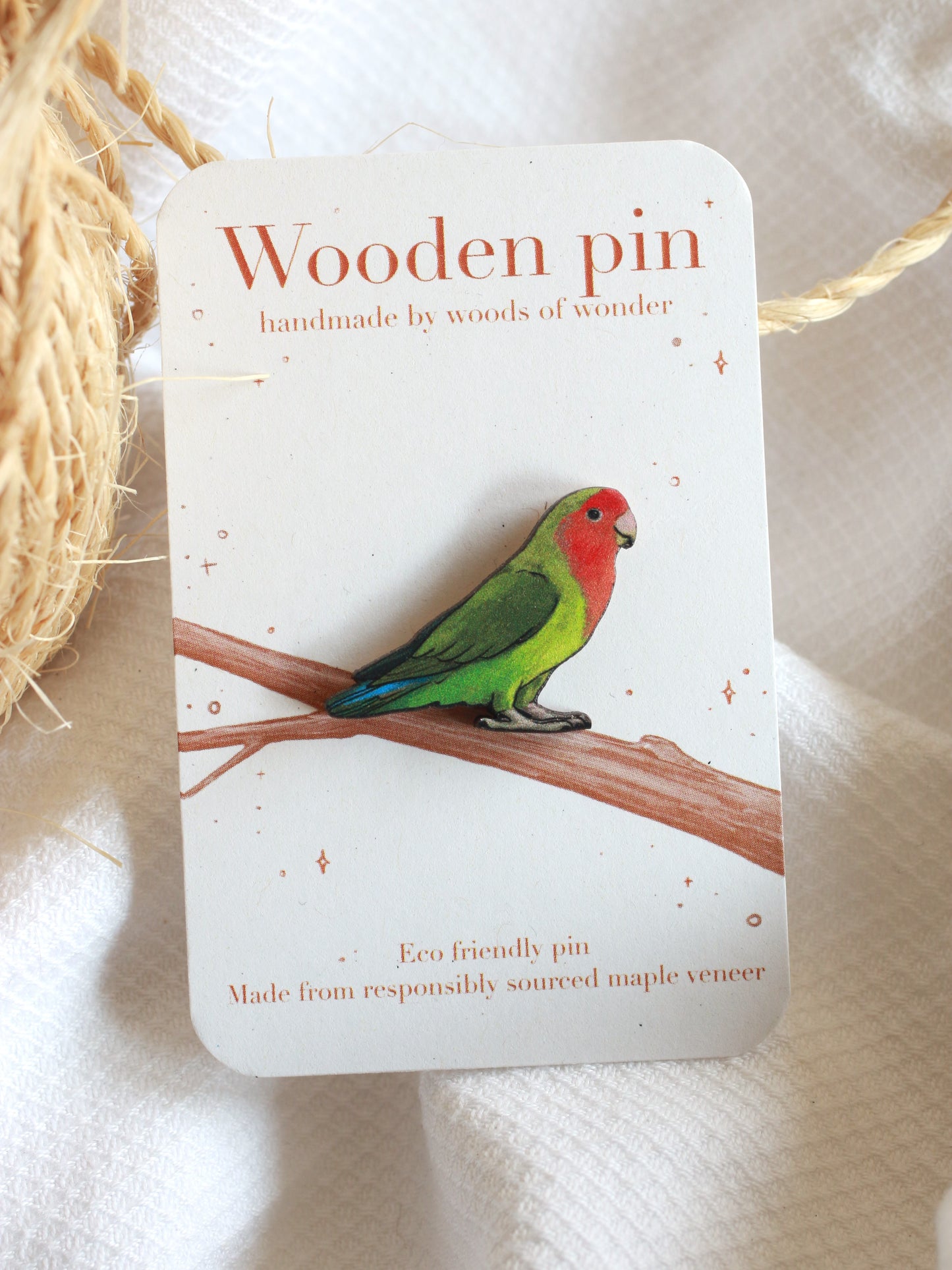 Rosy-faced lovebird pin - parrot brooch
