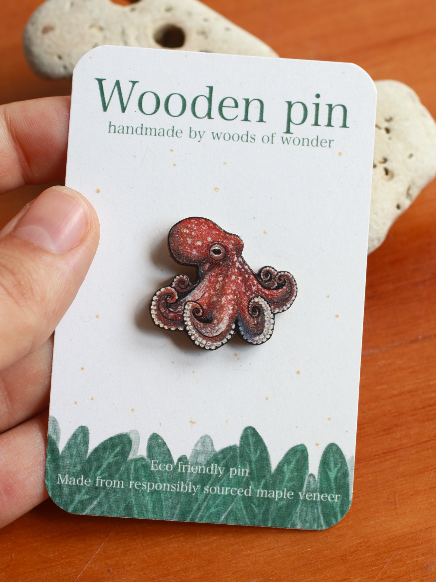 Octopus pin- wooden octopus brooch