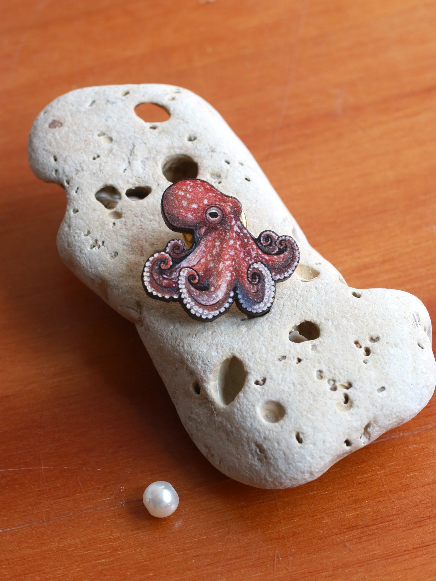 Octopus pin- wooden octopus brooch