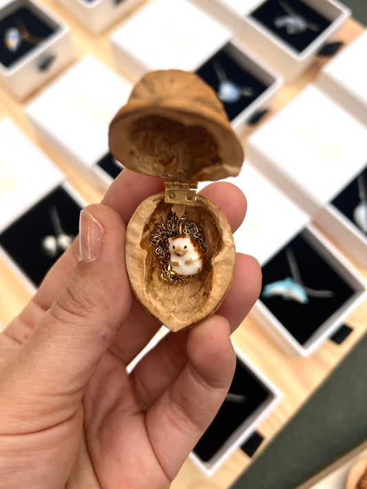 RESERVED - Hedgehog necklace in a walnut box