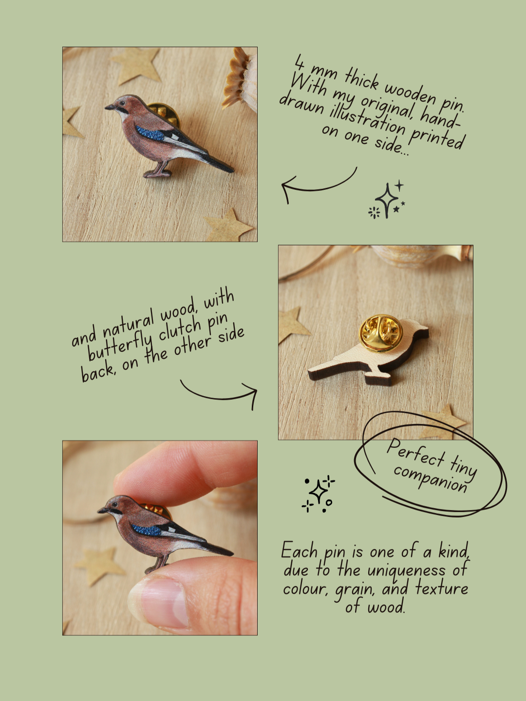 Jay pin - wooden bird brooch