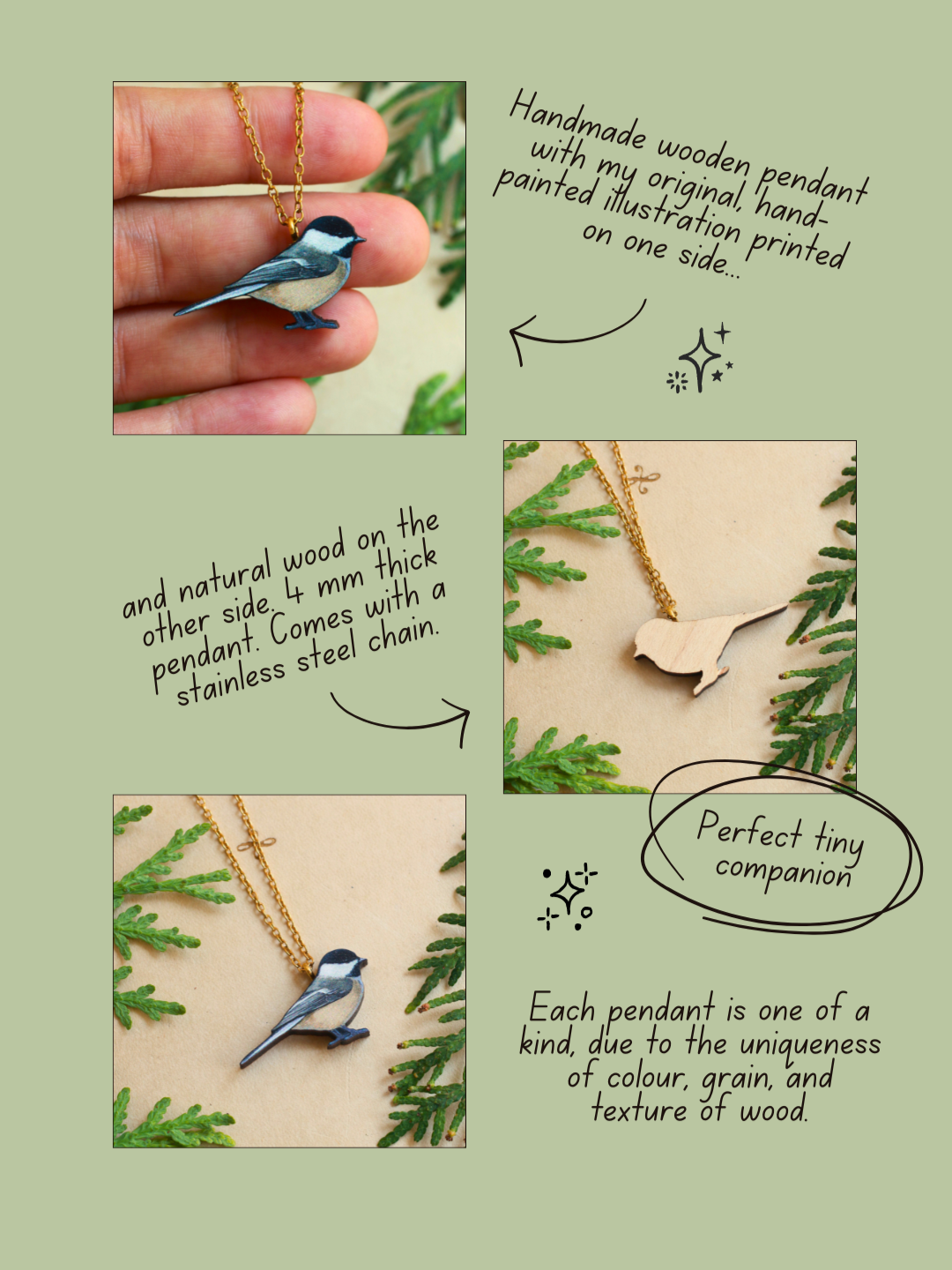 Chickadee necklace - wooden bird pendant