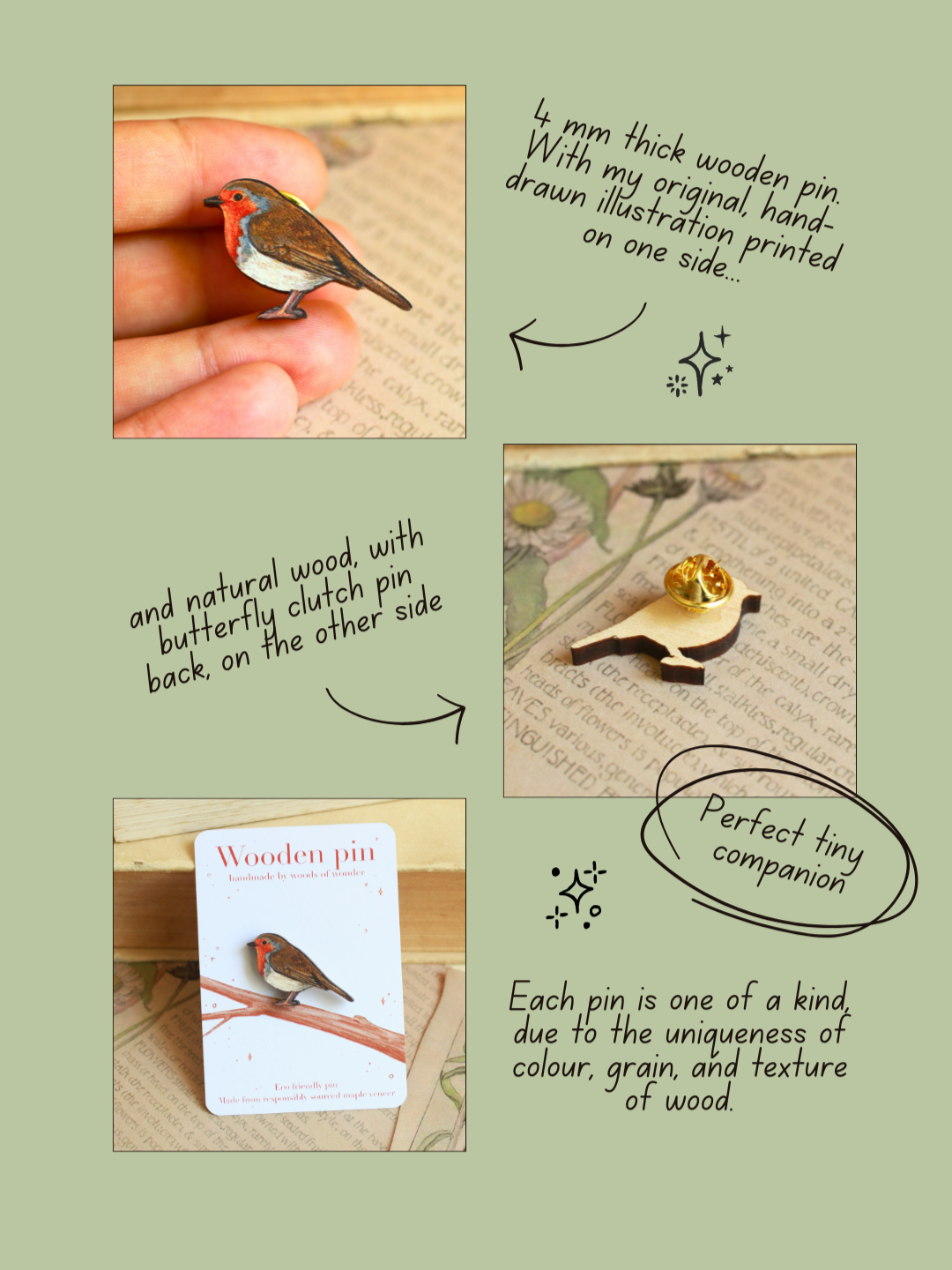 Robin pin - wooden bird brooch