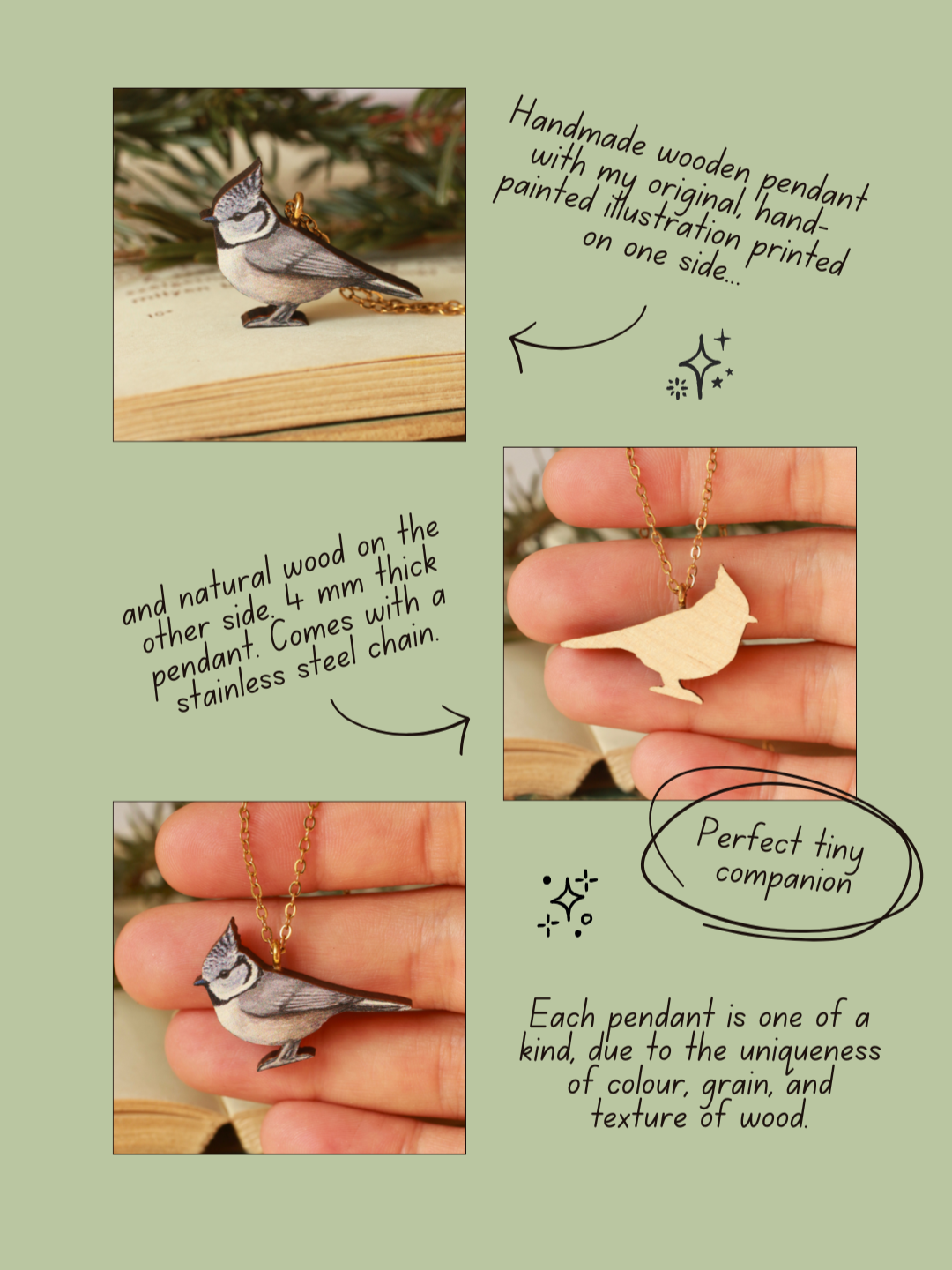 Crested tit necklace - wooden bird pendant