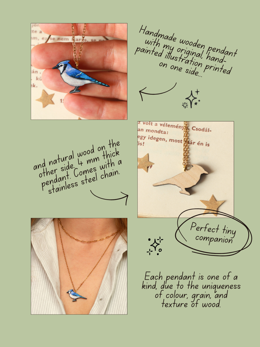 Blue jay necklace - wooden bird pendant