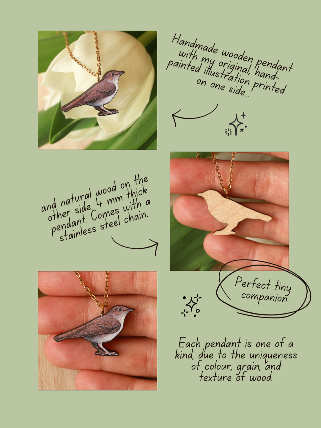 Nightingale necklace - wooden bird pendant