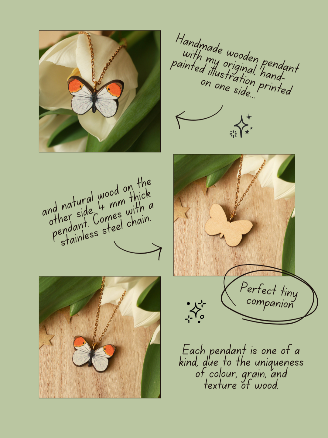 Wooden Orange tip Butterfly necklace