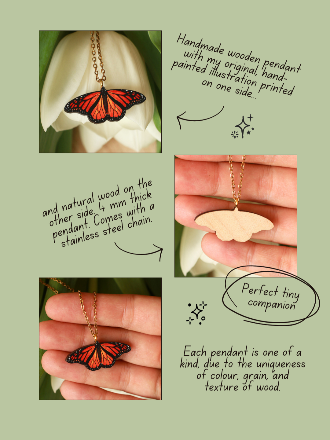 Monarch butterfly - wooden necklace