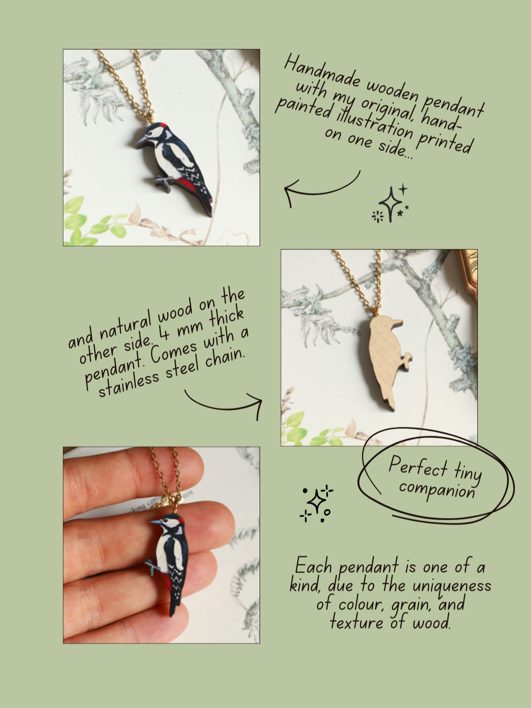 Woodpecker necklace - wooden bird pendant
