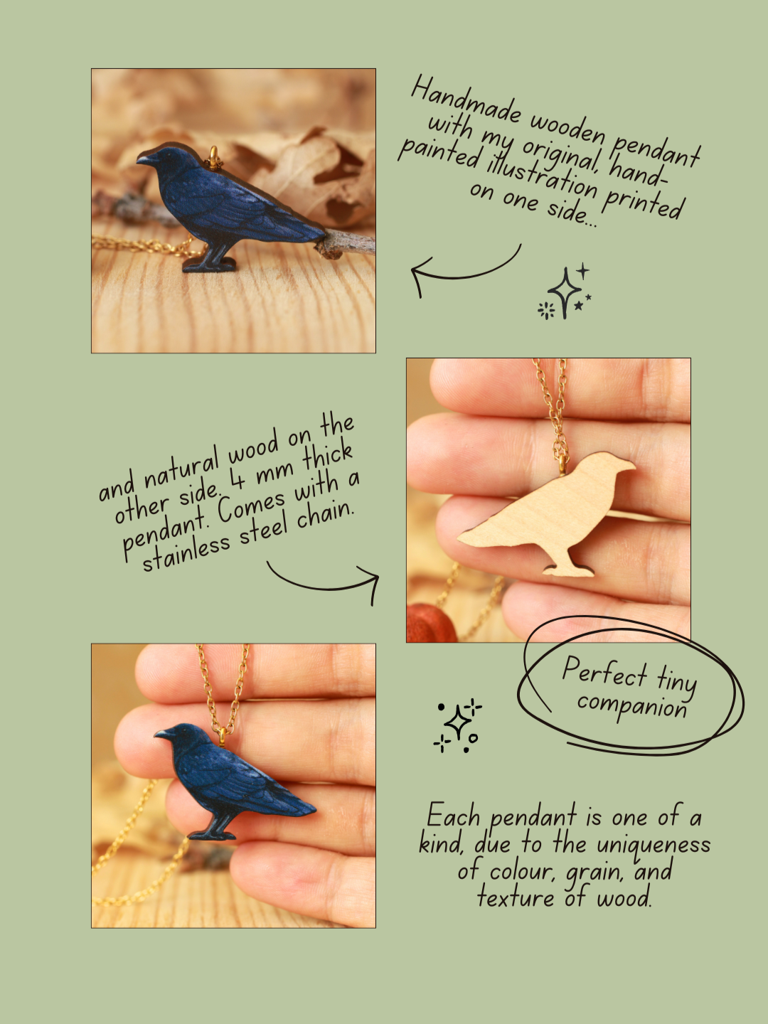 Crow - wooden bird necklace