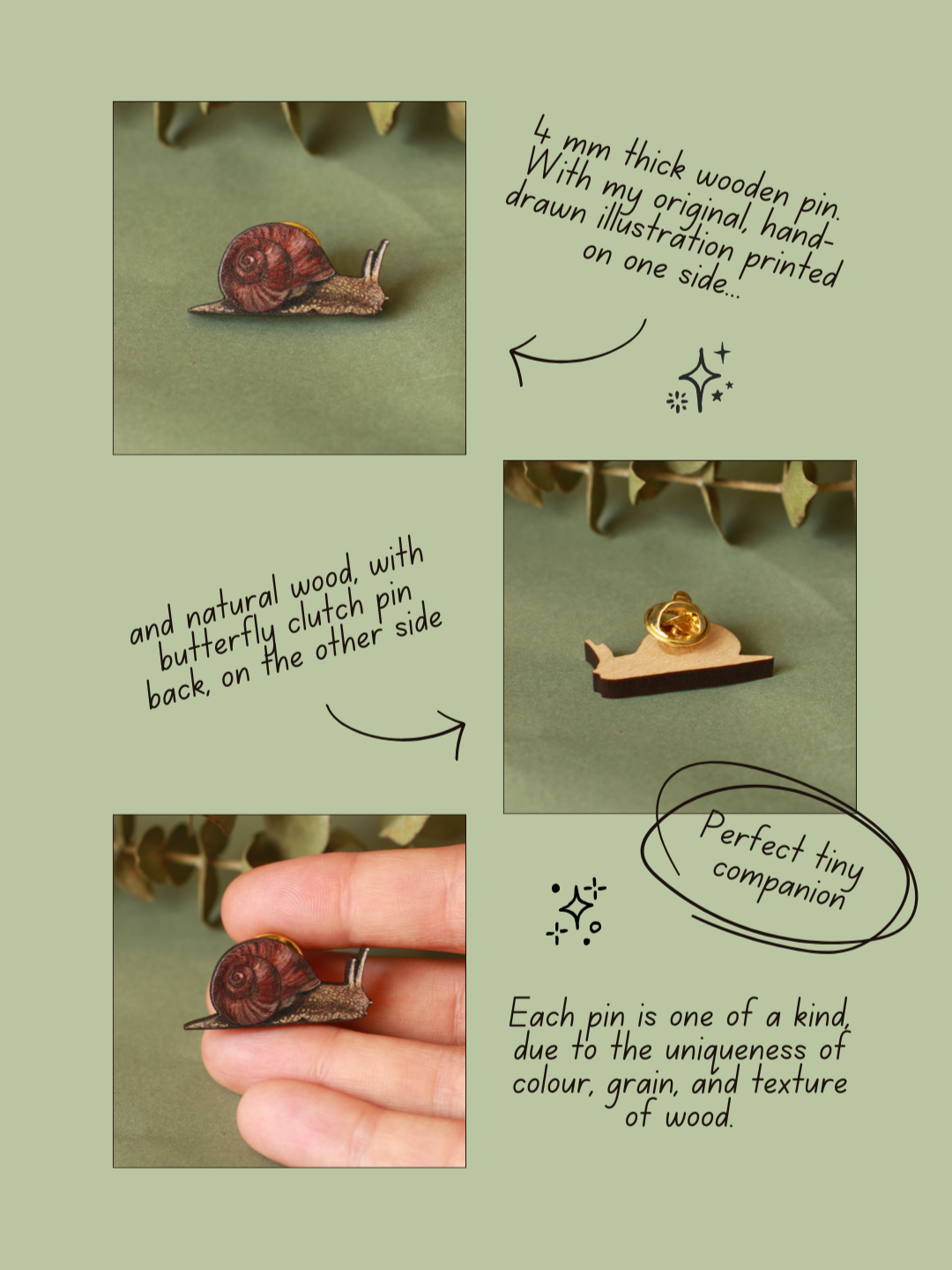 Snail pin - wooden snail brooch