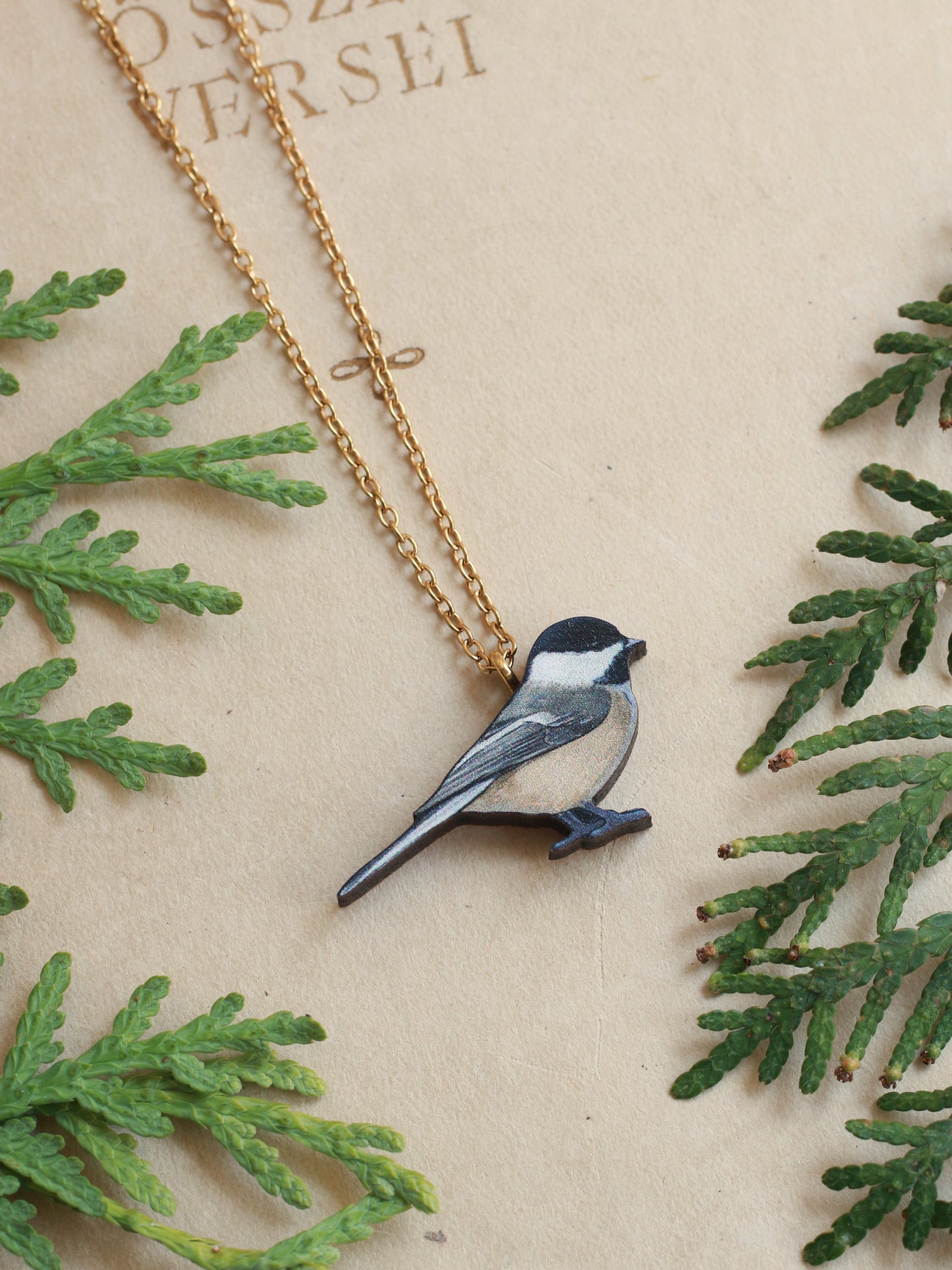 Chickadee necklace - wooden bird pendant