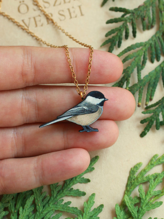 Chickadee necklace - wooden bird pendant