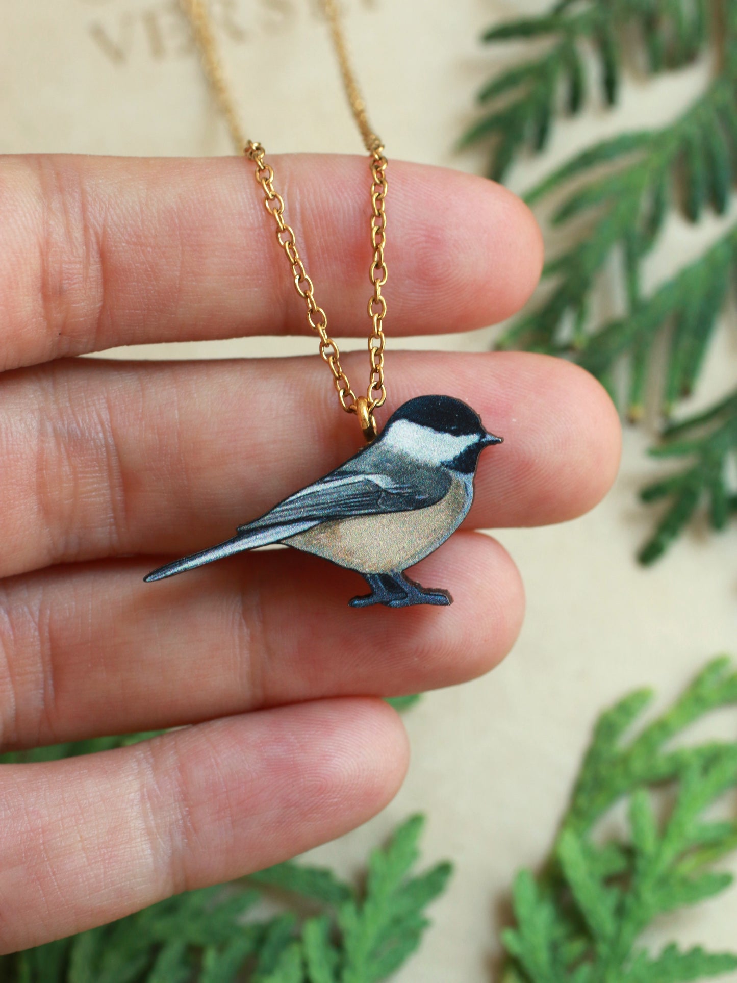 Chickadee necklace - wooden bird pendant