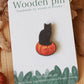 Black cat on a Jack-o'-Lantern wooden pin