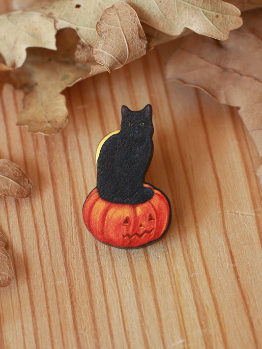 Black cat on a Jack-o'-Lantern wooden pin