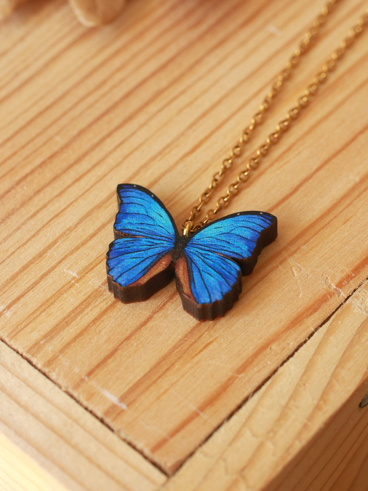 Blue Morpho butterfly - wooden necklace