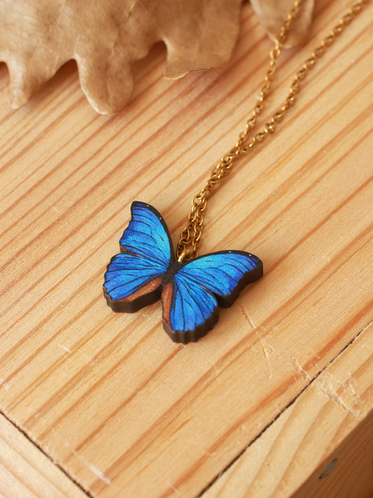 Blue Morpho butterfly - wooden necklace