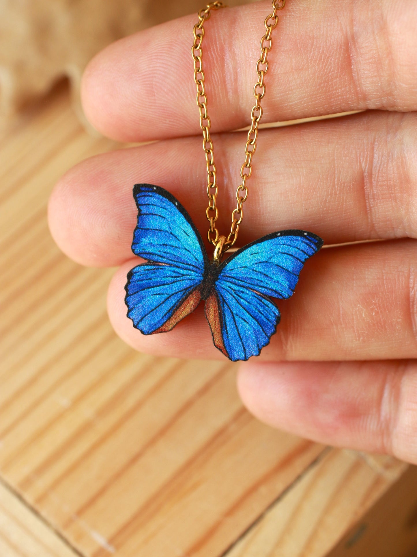 Blue Morpho butterfly - wooden necklace