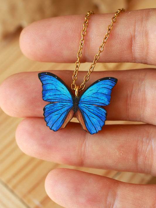 Blue Morpho butterfly - wooden necklace