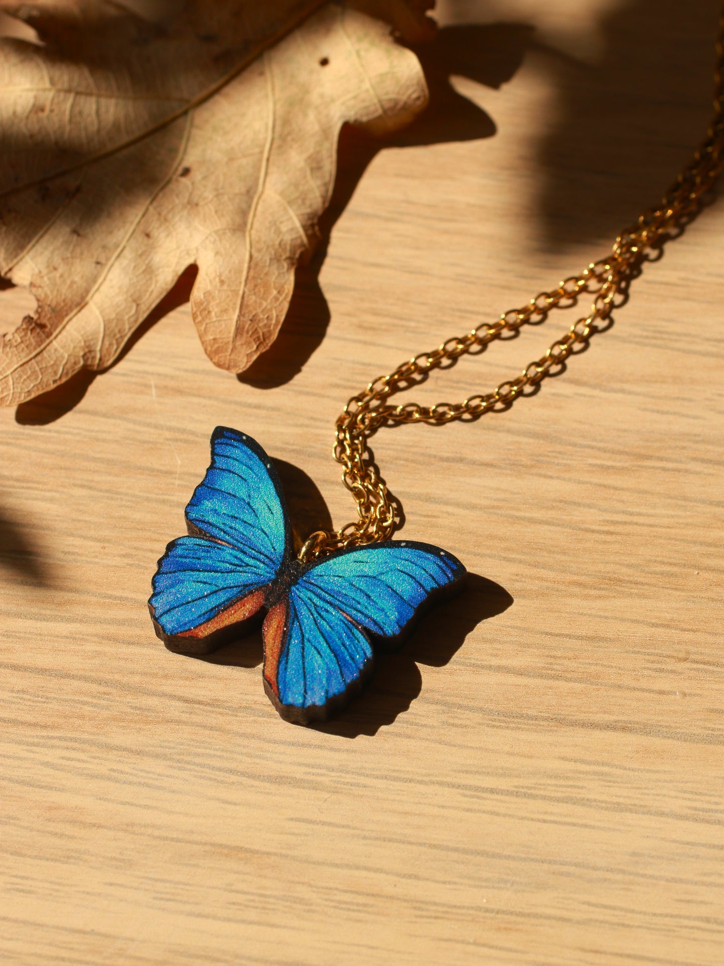 Blue Morpho butterfly - wooden necklace