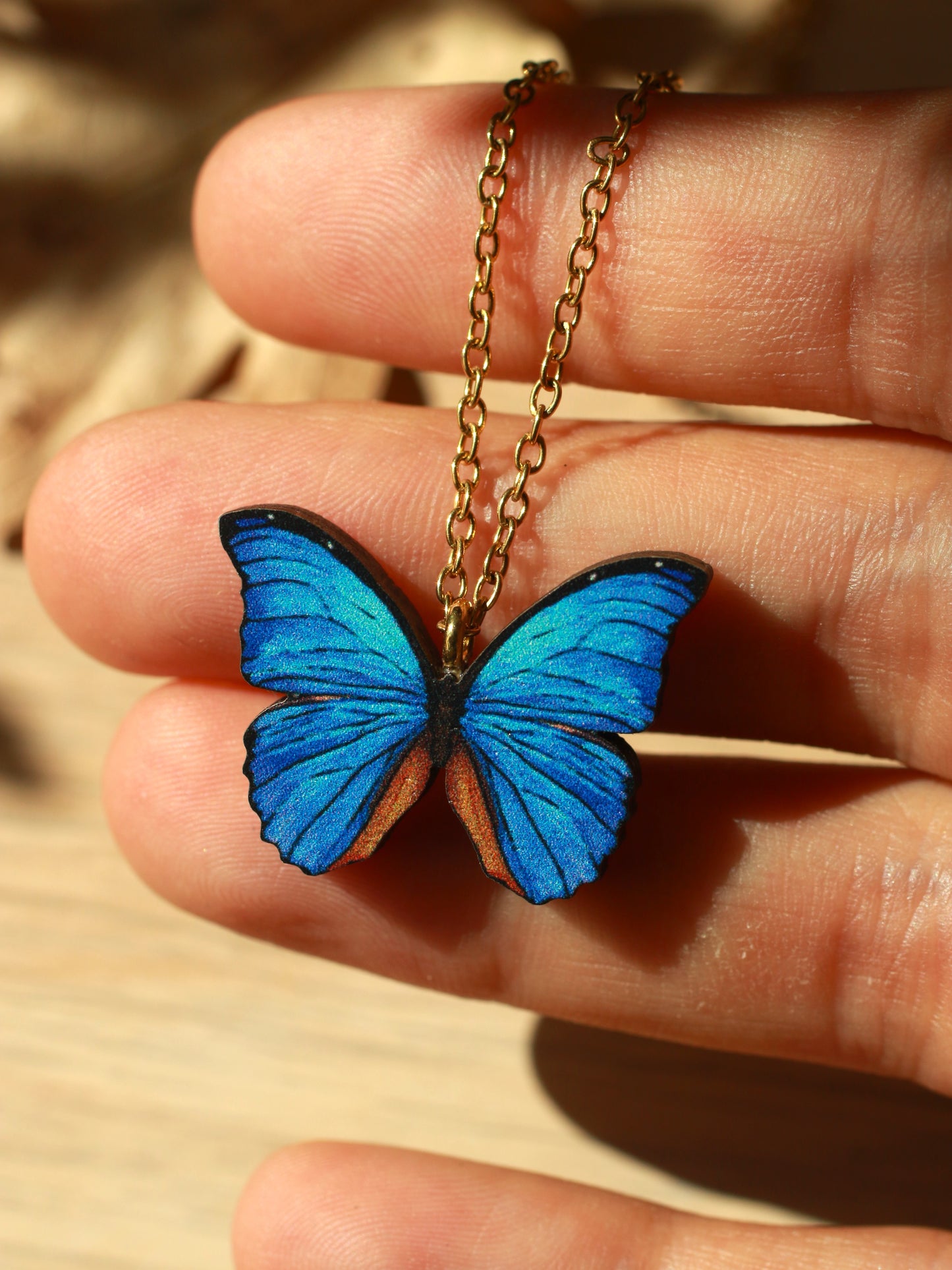 Blue Morpho butterfly - wooden necklace