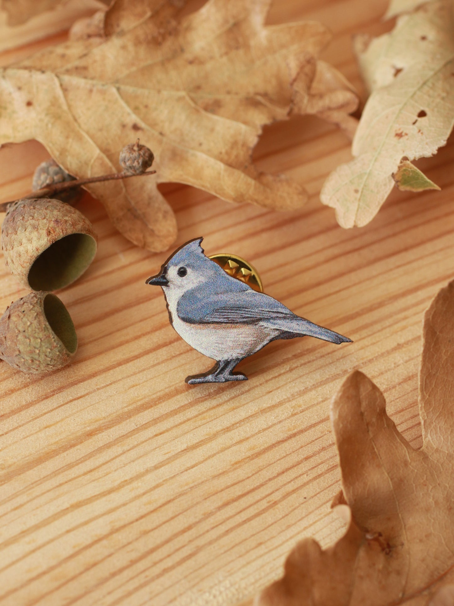 Tufted titmouse pin - wooden bird pin